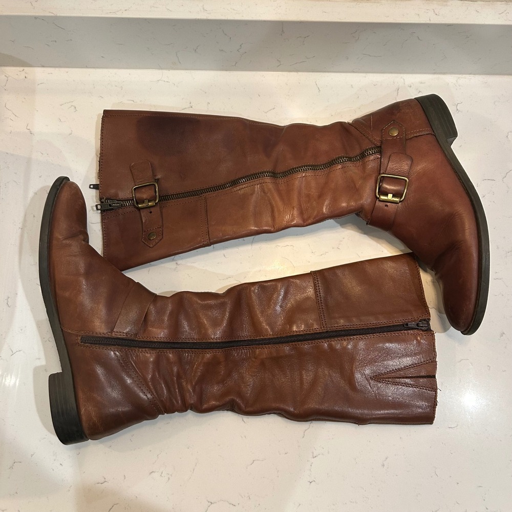 ALDO Women Brown Leather Knee High Boots Buckle Zip Side Moto Biker Size 40